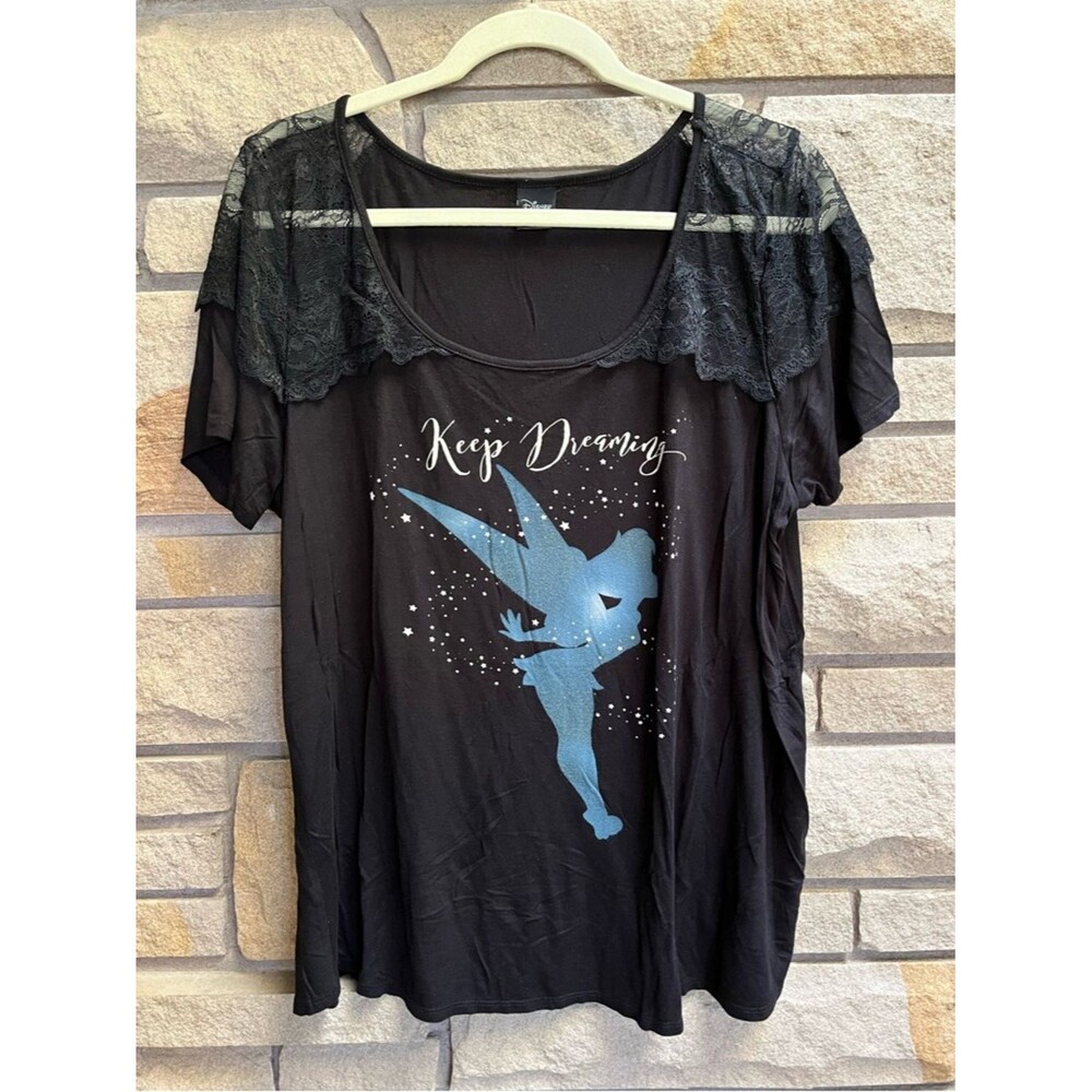 Torrid Disney Tinker Bell Graphic Tee with Lace Shoulders - Black & Blue 1x - Picture 2 of 7